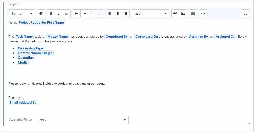 Email template displaying task completion details and placeholders for user information.